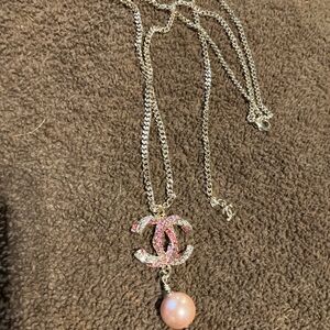 Chanel Pink and Silver Logo Necklace